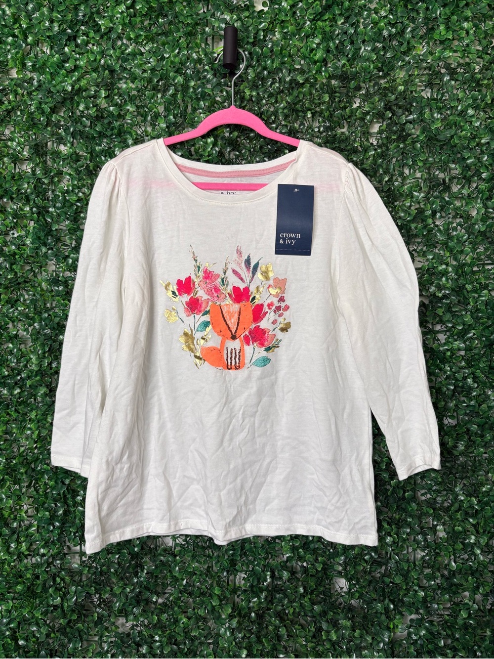 Crown & Ivy Girls' White Floral with Fox Graphic Long-Sleeve Top